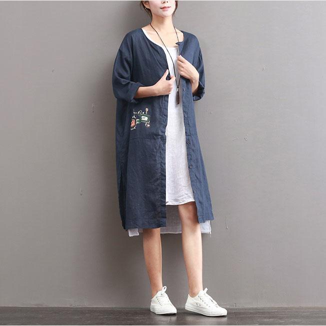 blue plus size linen long shirt summer casual cardigans short sleeve print blouse - Omychic