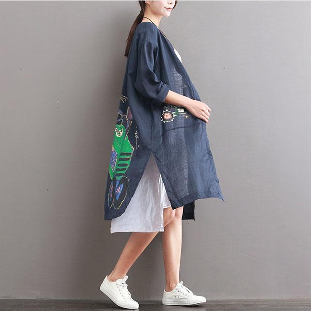 blue plus size linen long shirt summer casual cardigans short sleeve print blouse - Omychic