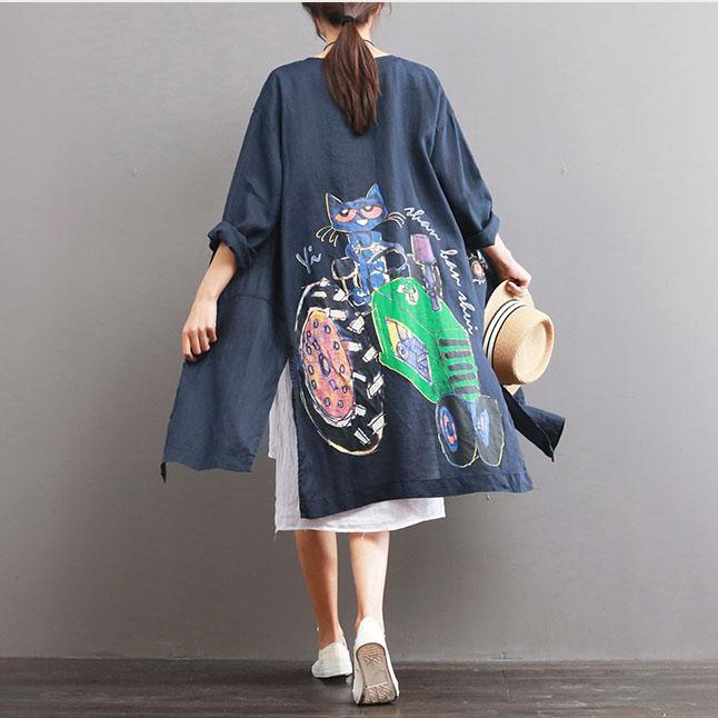 blue plus size linen long shirt summer casual cardigans short sleeve print blouse - Omychic
