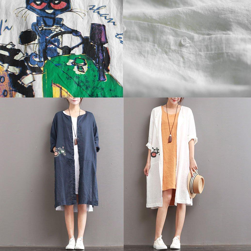 blue plus size linen long shirt summer casual cardigans short sleeve print blouse - Omychic