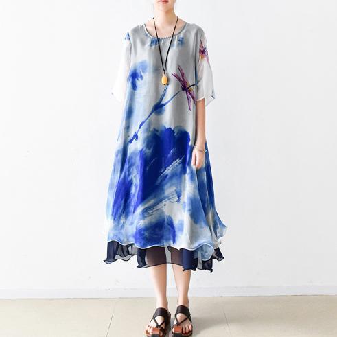 blue print summer maxi dress oversize chiffon sundress casual short sleeve holiday dresses - Omychic