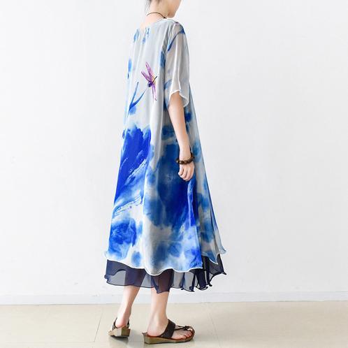 blue print summer maxi dress oversize chiffon sundress casual short sleeve holiday dresses - Omychic