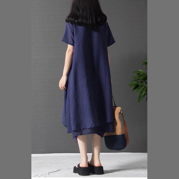 blue prints layered cotton dresses plus size asymmetric sundress short sleeve maxi dress - Omychic