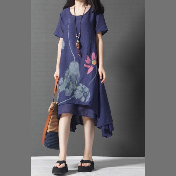 blue prints layered cotton dresses plus size asymmetric sundress short sleeve maxi dress - Omychic