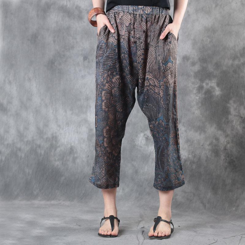 blue prints linen vintage plus size pants casual elastic waist crop pants - Omychic