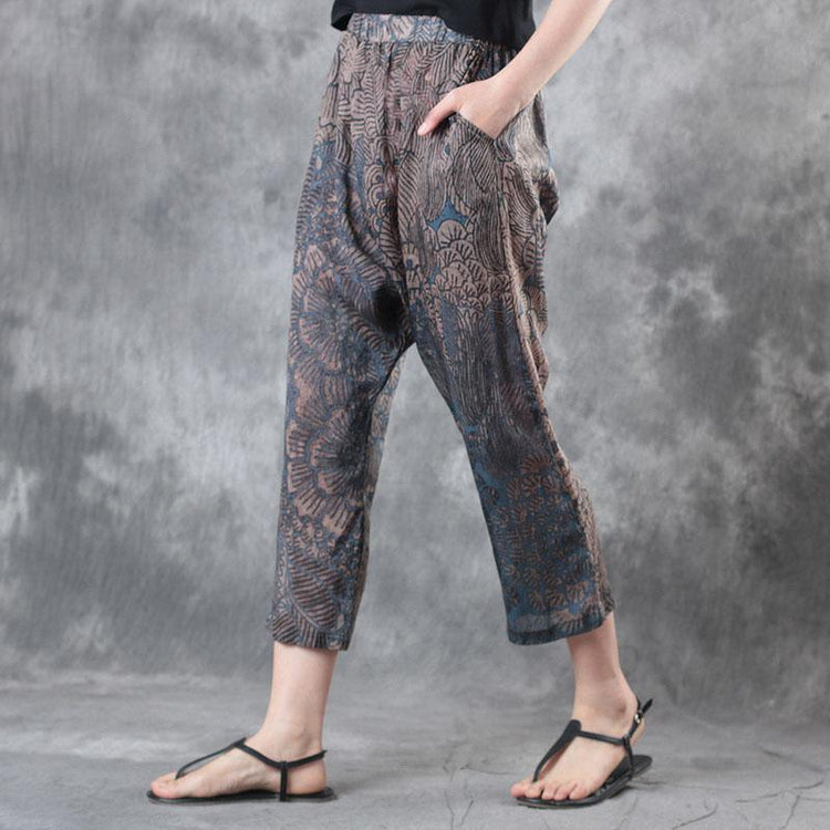 blue prints linen vintage plus size pants casual elastic waist crop pants - Omychic