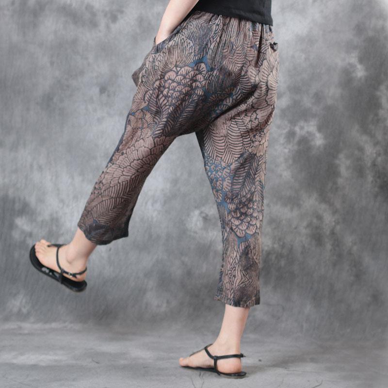 blue prints linen vintage plus size pants casual elastic waist crop pants - Omychic