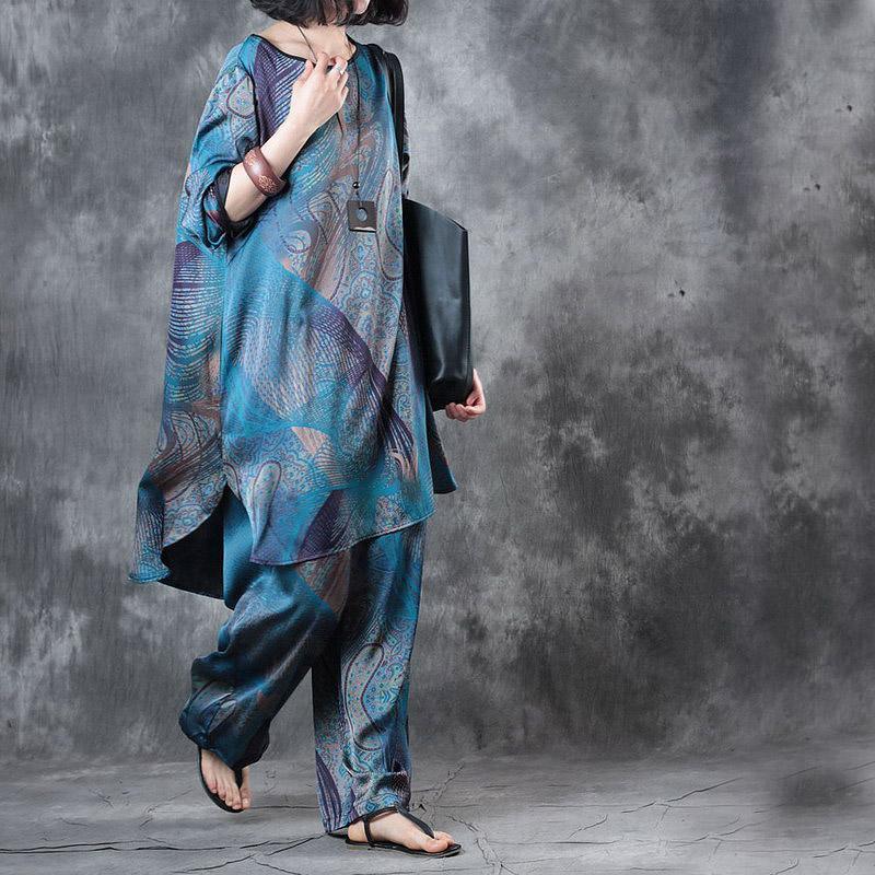 Blue Prints Vintage Chiffon Low High T Shirt And Wide Leg Pants Two Pieces ( Limited Stock) - Omychic