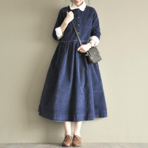 blue retro corduroy cotton dresses plus size casual dresses - Omychic