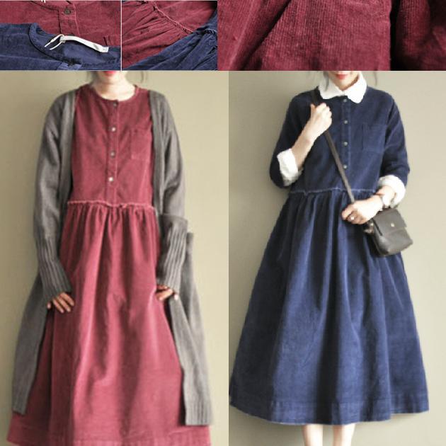 blue retro corduroy cotton dresses plus size casual dresses - Omychic