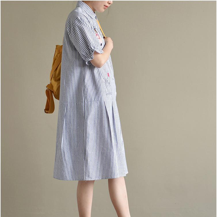 blue striped cartoon print cotton sundress oversize patchwork casual dresses short sleeve shift dress - Omychic