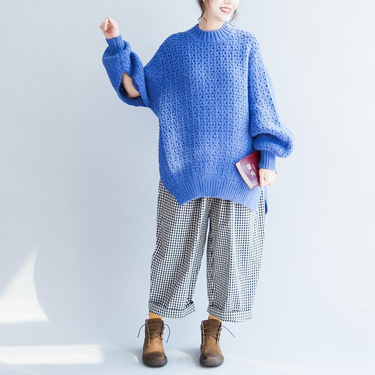 blue stylish casual cotton knit tops oversize warm sweater - Omychic
