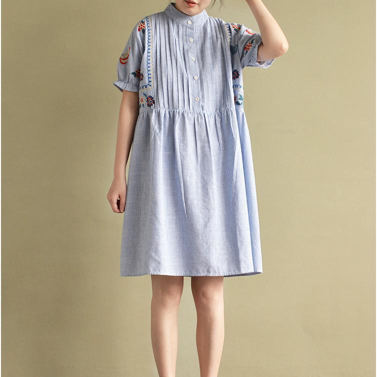 blue stylish embroidery cotton dresses oversize casual sundress short sleeve shirt dress - Omychic