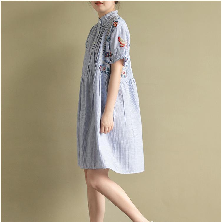 blue stylish embroidery cotton dresses oversize casual sundress short sleeve shirt dress - Omychic