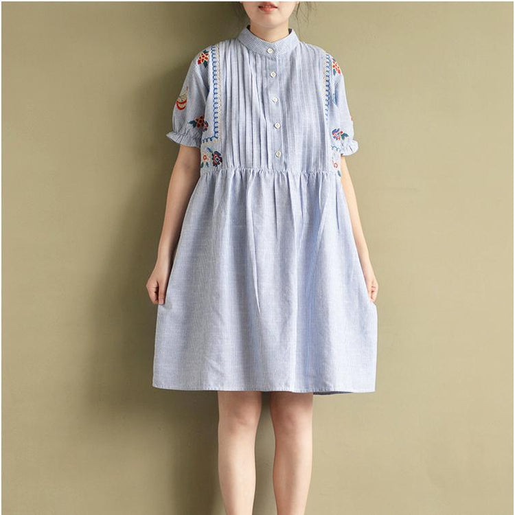 blue stylish embroidery cotton dresses oversize casual sundress short sleeve shirt dress - Omychic