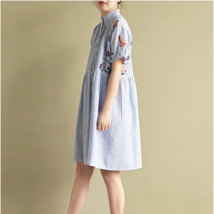 blue stylish embroidery cotton dresses oversize casual sundress short sleeve shirt dress - Omychic