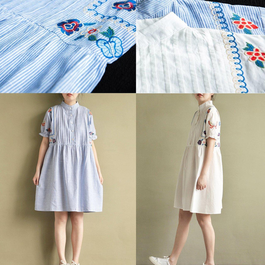 blue stylish embroidery cotton dresses oversize casual sundress short sleeve shirt dress - Omychic