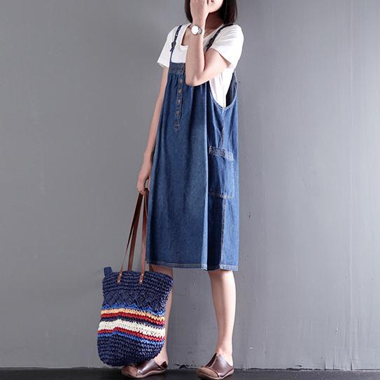 Blue Stylish Summer Dress Cotton Sleeveless Sundress Plus Size Mid-dresses - Omychic