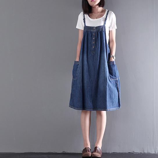 Blue Stylish Summer Dress Cotton Sleeveless Sundress Plus Size Mid-dresses - Omychic