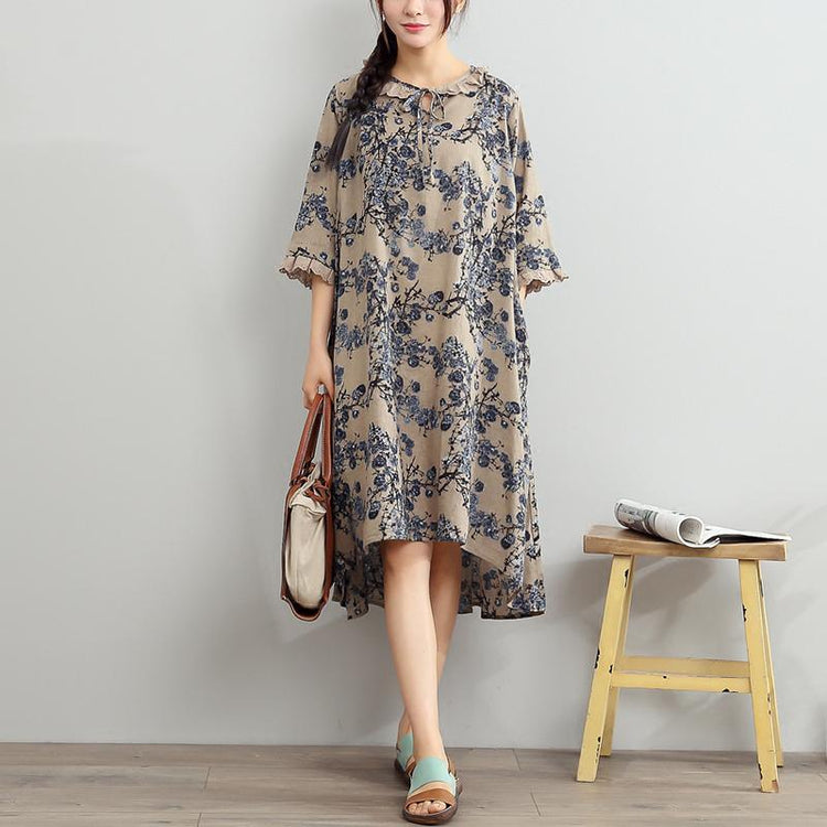 blue summer dresses linen oversize sundress print half sleeve maxi dress - Omychic