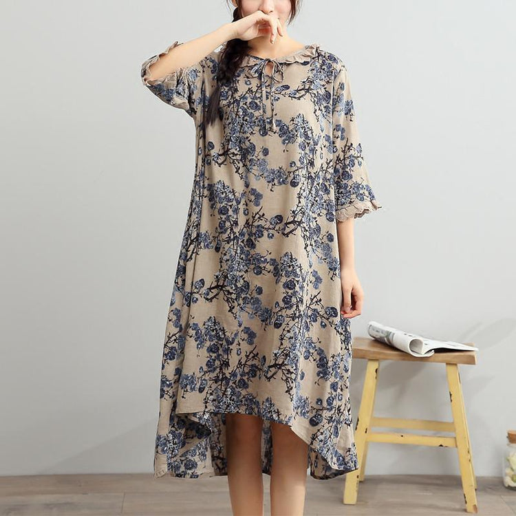 blue summer dresses linen oversize sundress print half sleeve maxi dress - Omychic
