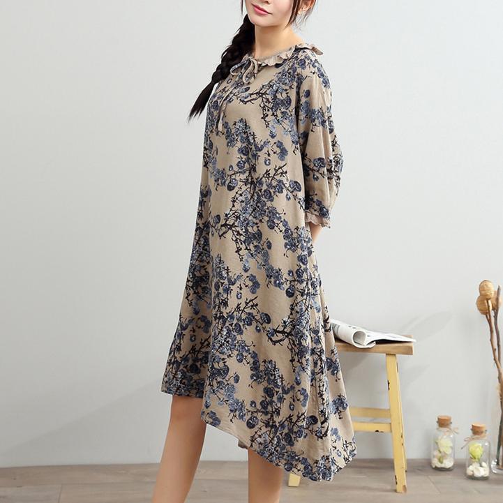 blue summer dresses linen oversize sundress print half sleeve maxi dress - Omychic