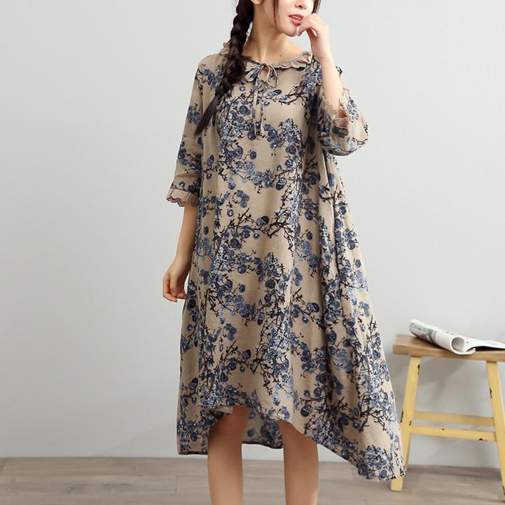 blue summer dresses linen oversize sundress print half sleeve maxi dress - Omychic