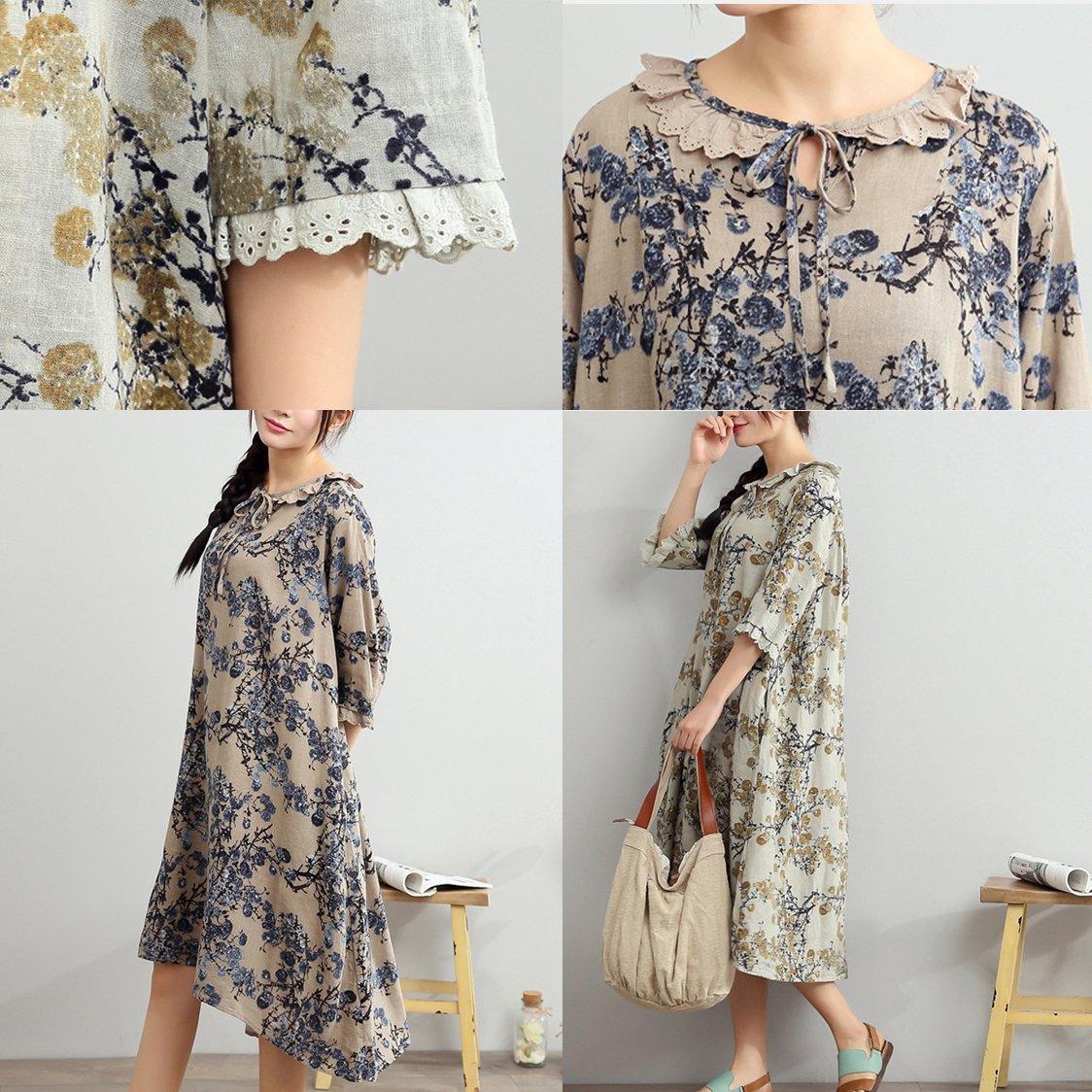 blue summer dresses linen oversize sundress print half sleeve maxi dress - Omychic