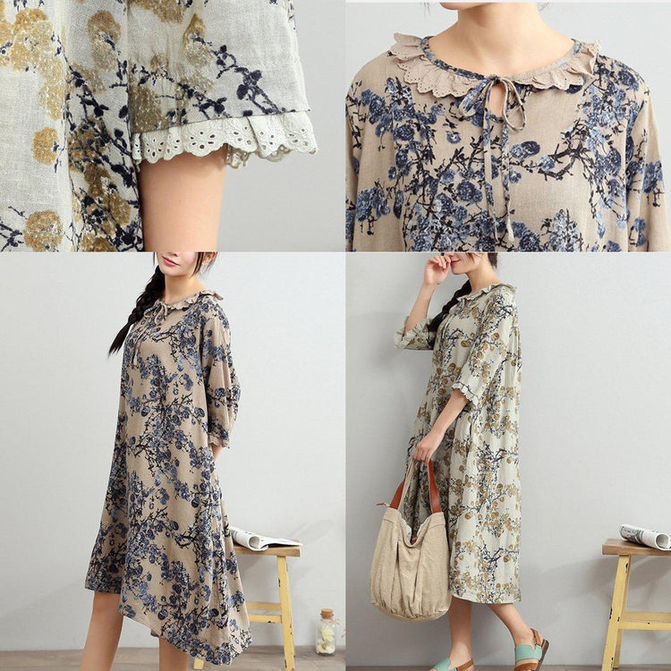 blue summer dresses linen oversize sundress print half sleeve maxi dress - Omychic
