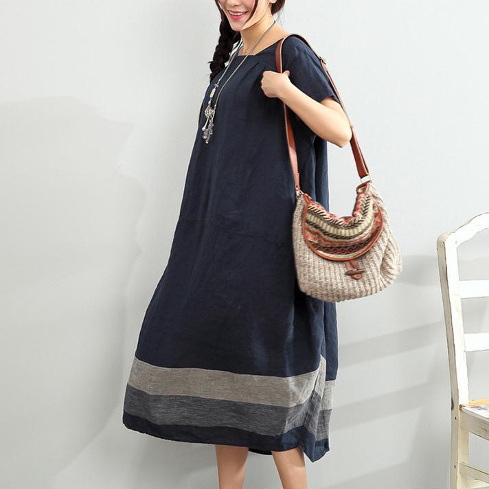 blue summer linen dresses oversize casual sundress Slash neck maxi dress - Omychic