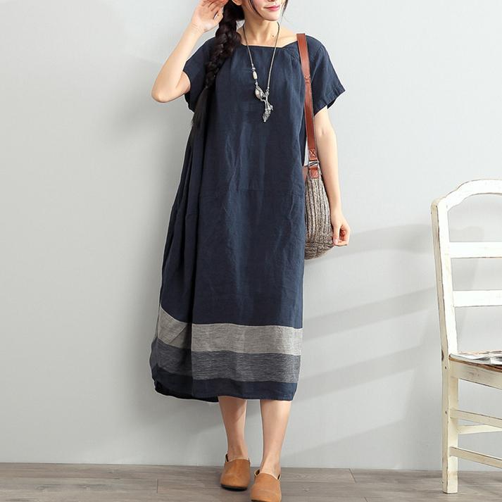 blue summer linen dresses oversize casual sundress Slash neck maxi dress - Omychic