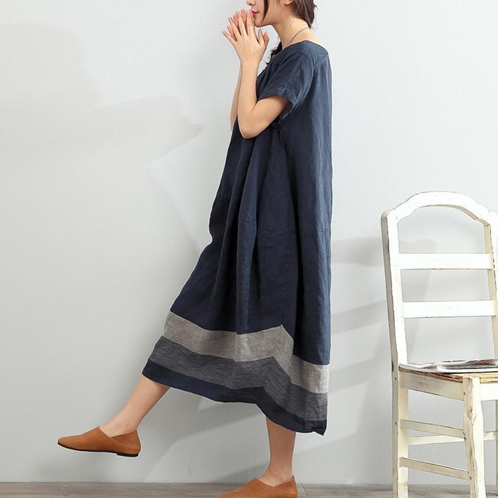 blue summer linen dresses oversize casual sundress Slash neck maxi dress - Omychic