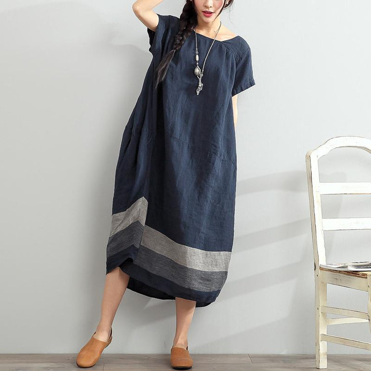 blue summer linen dresses oversize casual sundress Slash neck maxi dress - Omychic