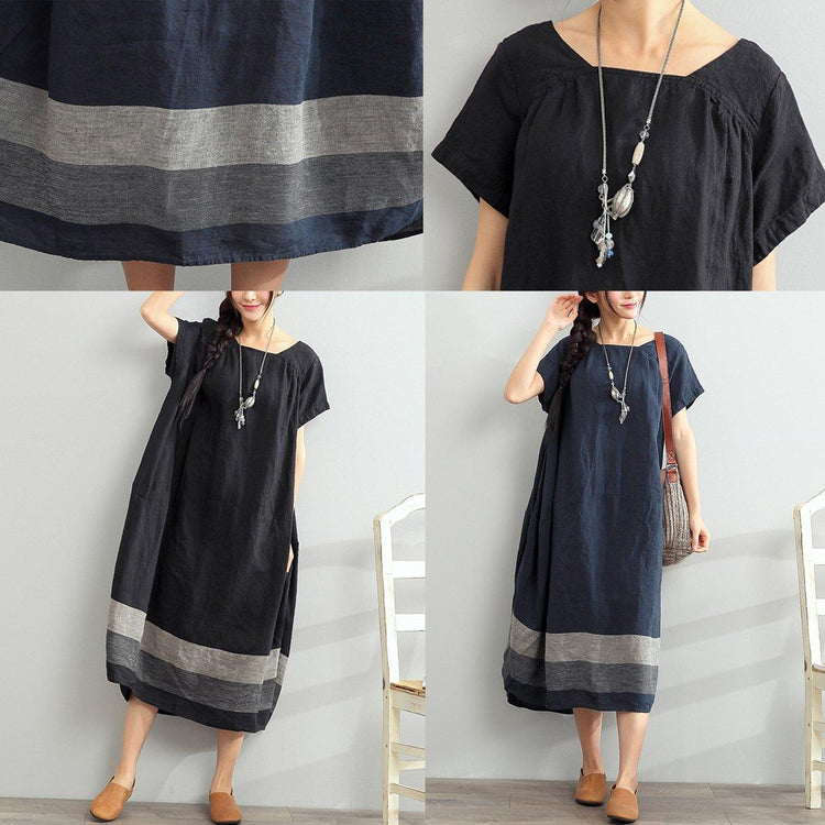 blue summer linen dresses oversize casual sundress Slash neck maxi dress - Omychic