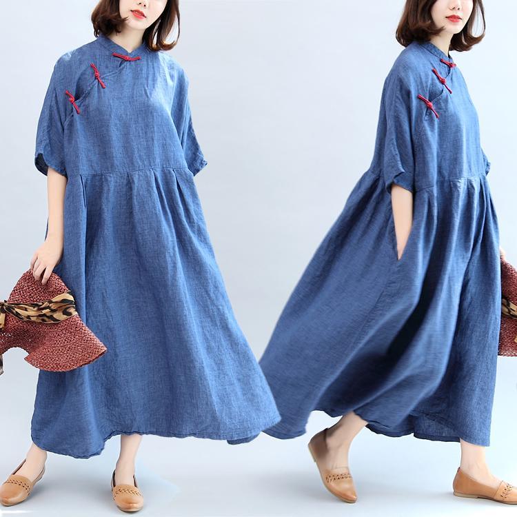 blue vintage linen dresses plus size casaul Chinese Button o neck maxi dress - Omychic