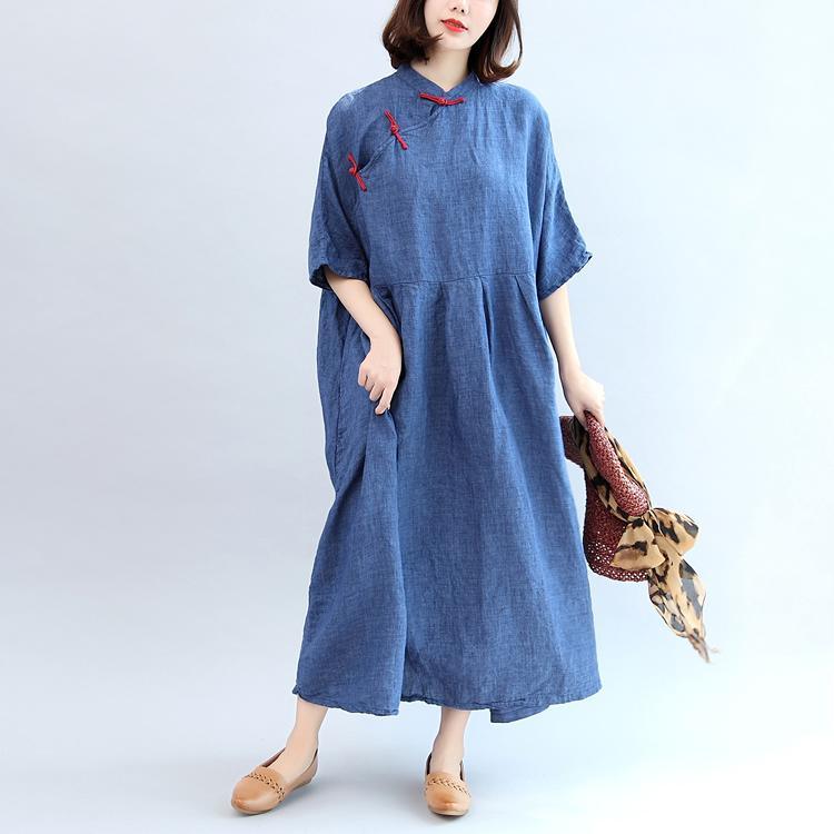 blue vintage linen dresses plus size casaul Chinese Button o neck maxi dress - Omychic