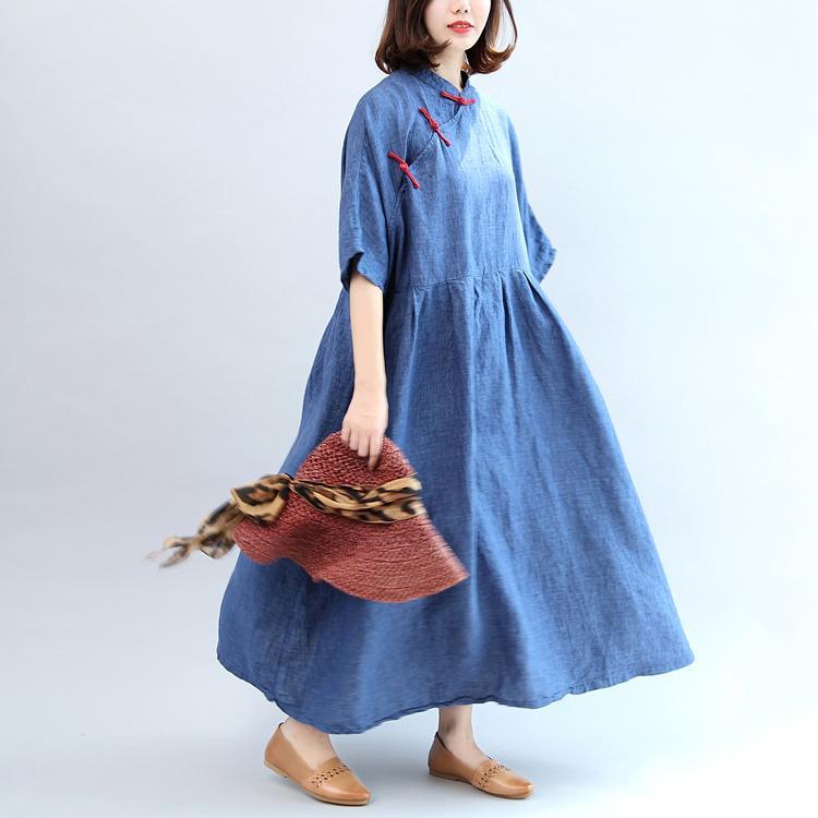 blue vintage linen dresses plus size casaul Chinese Button o neck maxi dress - Omychic
