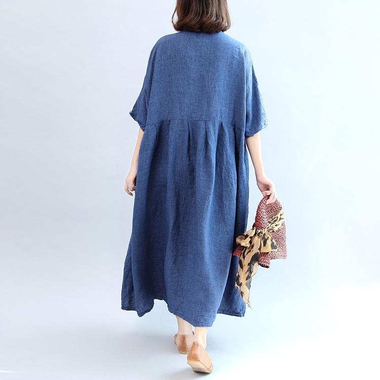 blue vintage linen dresses plus size casaul Chinese Button o neck maxi dress - Omychic