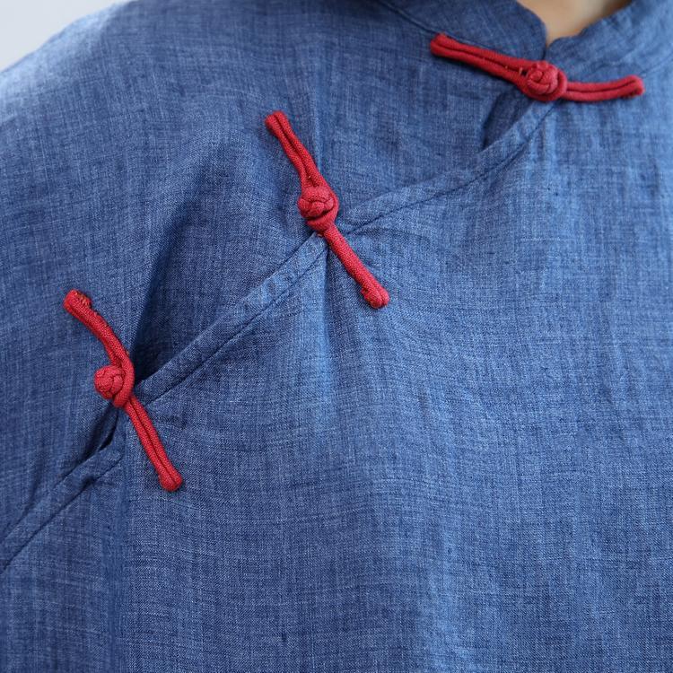 blue vintage linen dresses plus size casaul Chinese Button o neck maxi dress - Omychic