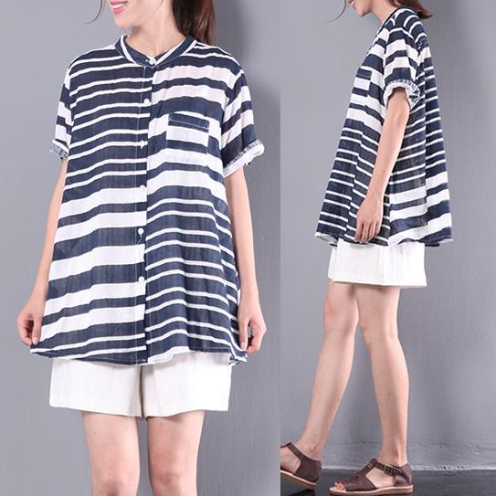 blue white striped cotton blouse plus size casual tops stand neck shirts - Omychic