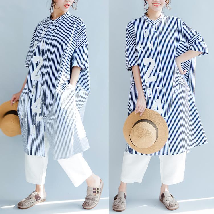Blue White Striped Cotton Sundress Plus Size Casual Summer Dresses Short Sleeve Shirt Dress - Omychic