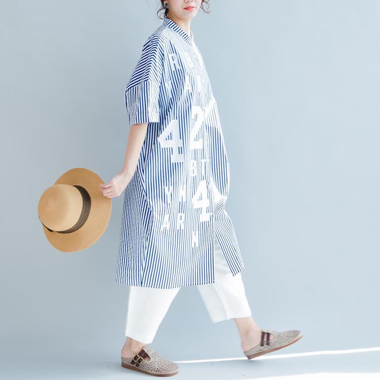 Blue White Striped Cotton Sundress Plus Size Casual Summer Dresses Short Sleeve Shirt Dress - Omychic