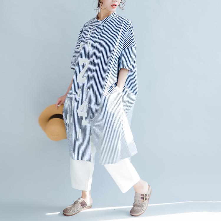 Blue White Striped Cotton Sundress Plus Size Casual Summer Dresses Short Sleeve Shirt Dress - Omychic