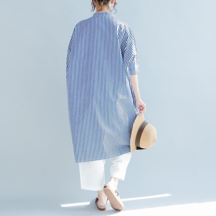 Blue White Striped Cotton Sundress Plus Size Casual Summer Dresses Short Sleeve Shirt Dress - Omychic