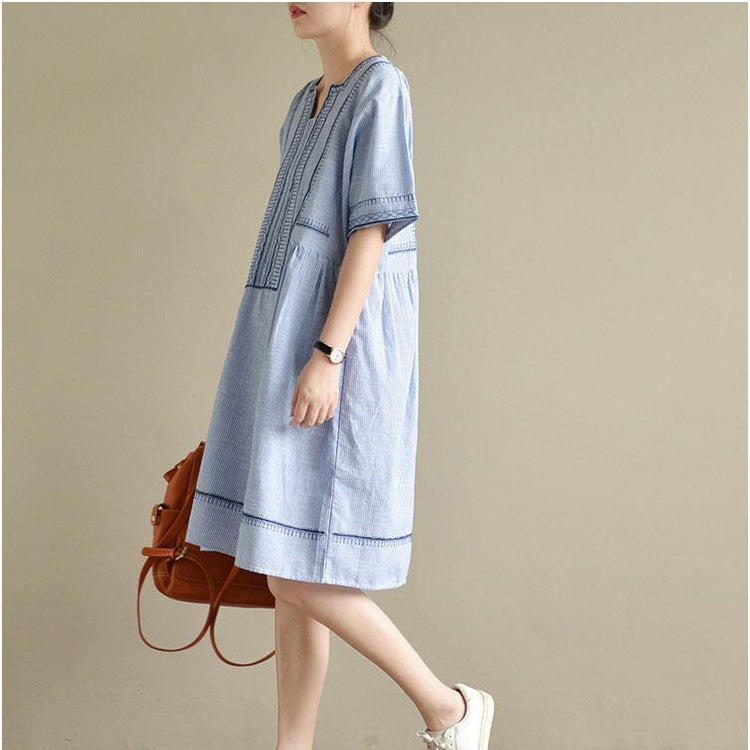 blue white striped embroidery cotton dresses oversize casual sundress short sleeve mid dress - Omychic