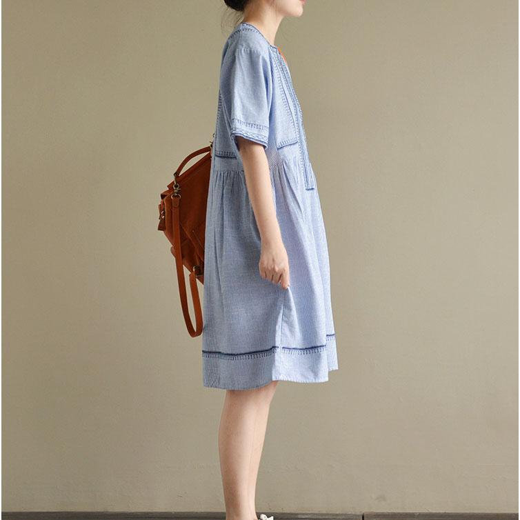 blue white striped embroidery cotton dresses oversize casual sundress short sleeve mid dress - Omychic