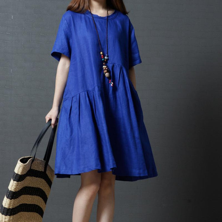 blue wrinkled casual linen dresses plus size sundress short sleeve mid dress - Omychic