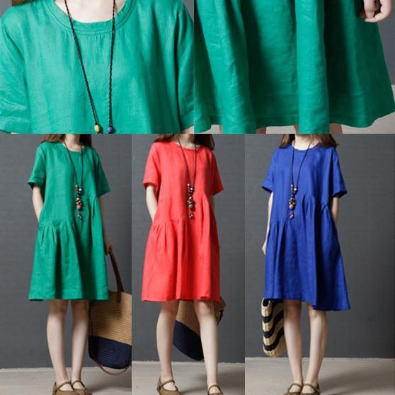 blue wrinkled casual linen dresses plus size sundress short sleeve mid dress - Omychic