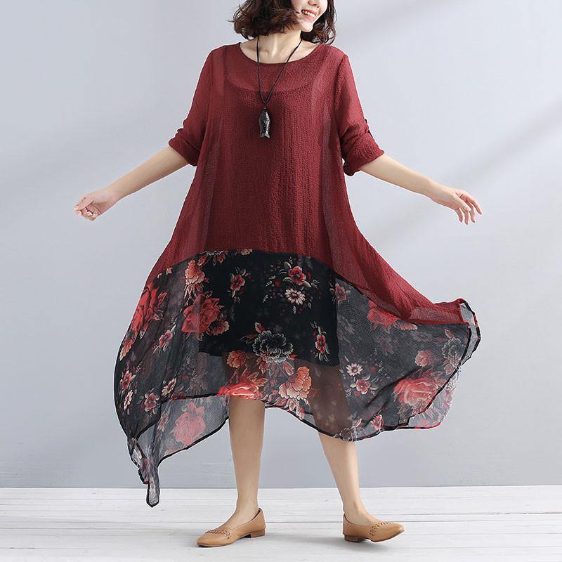 bohemian style maxi dresses Elegant Irregular Women Chiffon Linen Loose Floral Casual Splicing Red Dress - Omychic