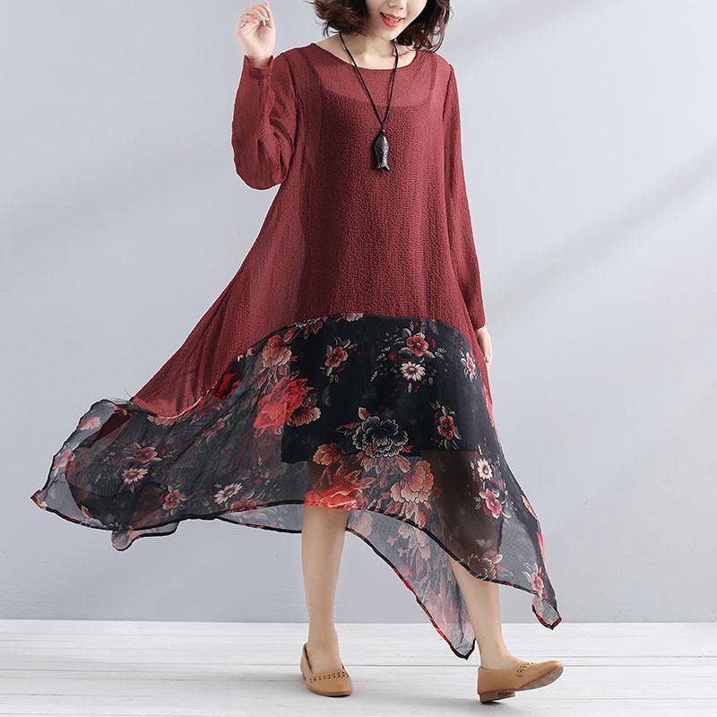 bohemian style maxi dresses Elegant Irregular Women Chiffon Linen Loose Floral Casual Splicing Red Dress - Omychic